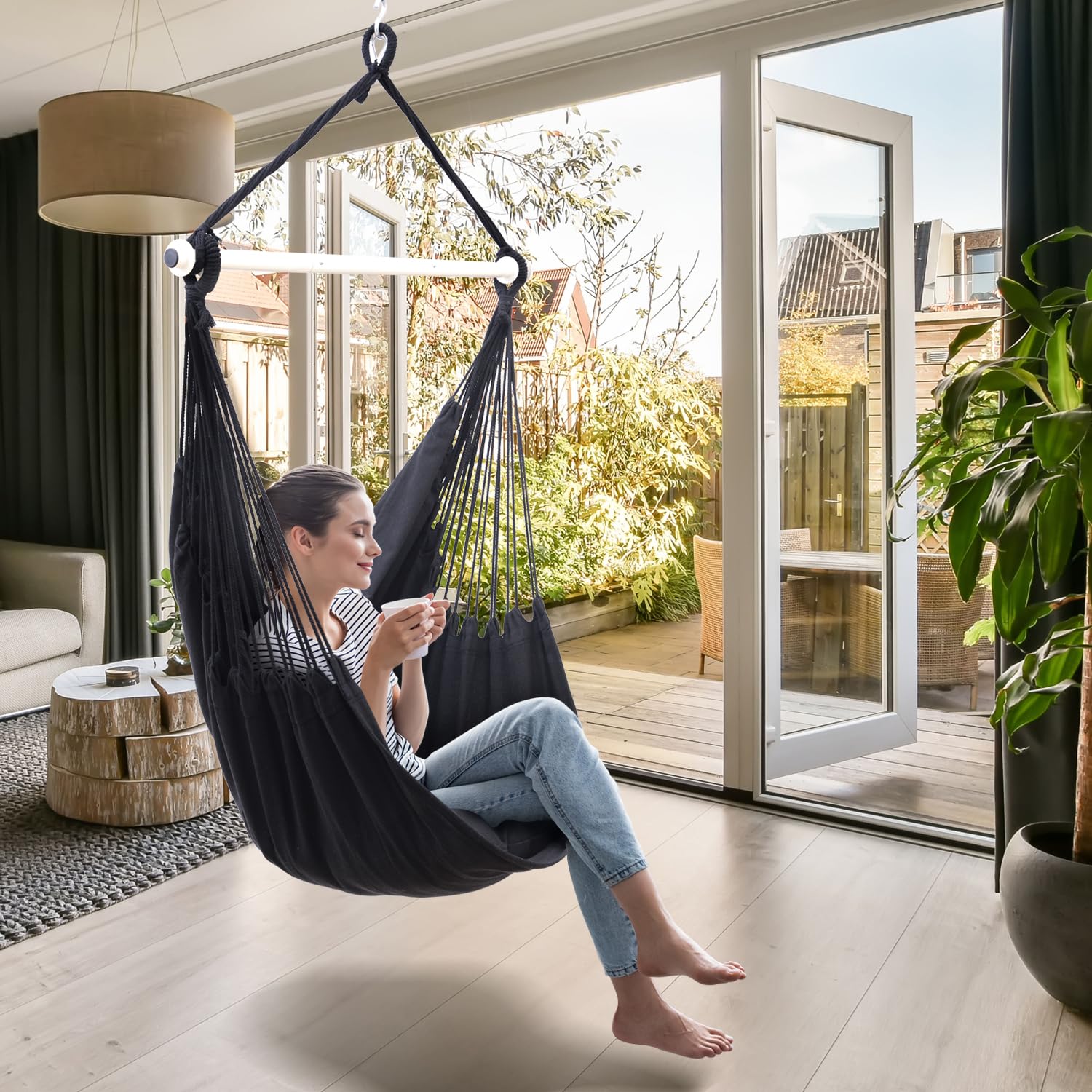Ohuhu Hanging Chair Swing Chair with Hanging Kit, Extra Comfortable XL Portable Hammock Chair with 2 Cushions Metal Support Bar Side Pocket for Indoor