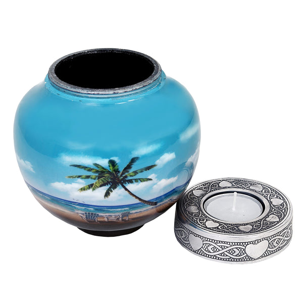 HLC Beach Urn Lovely Beach Urn Blue Palm Tree Design Cremation Urns for Human Ashes Cremation Sharing Urn to Remember Your Loved One Medium Funeral