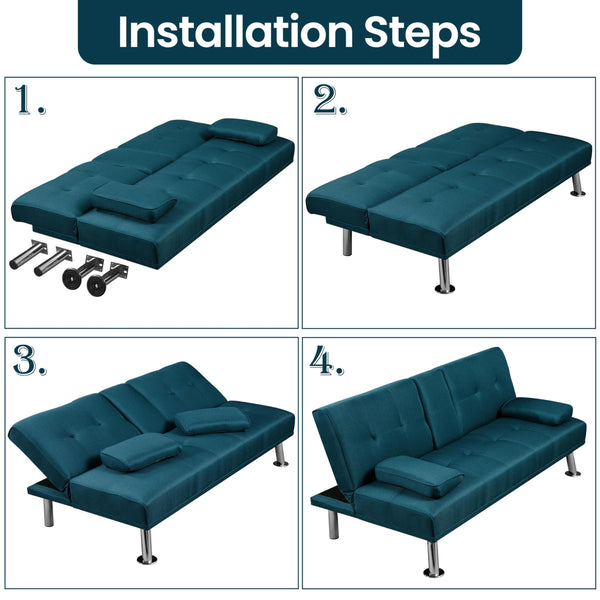 Yaheetech Sofa Bed Fabric Click Clack Sofa Bed with 2 Cup Holders, Convertible Futon Settee, Futon Recliner Lounge for Living Room, Spare Room, Bedroom, Black