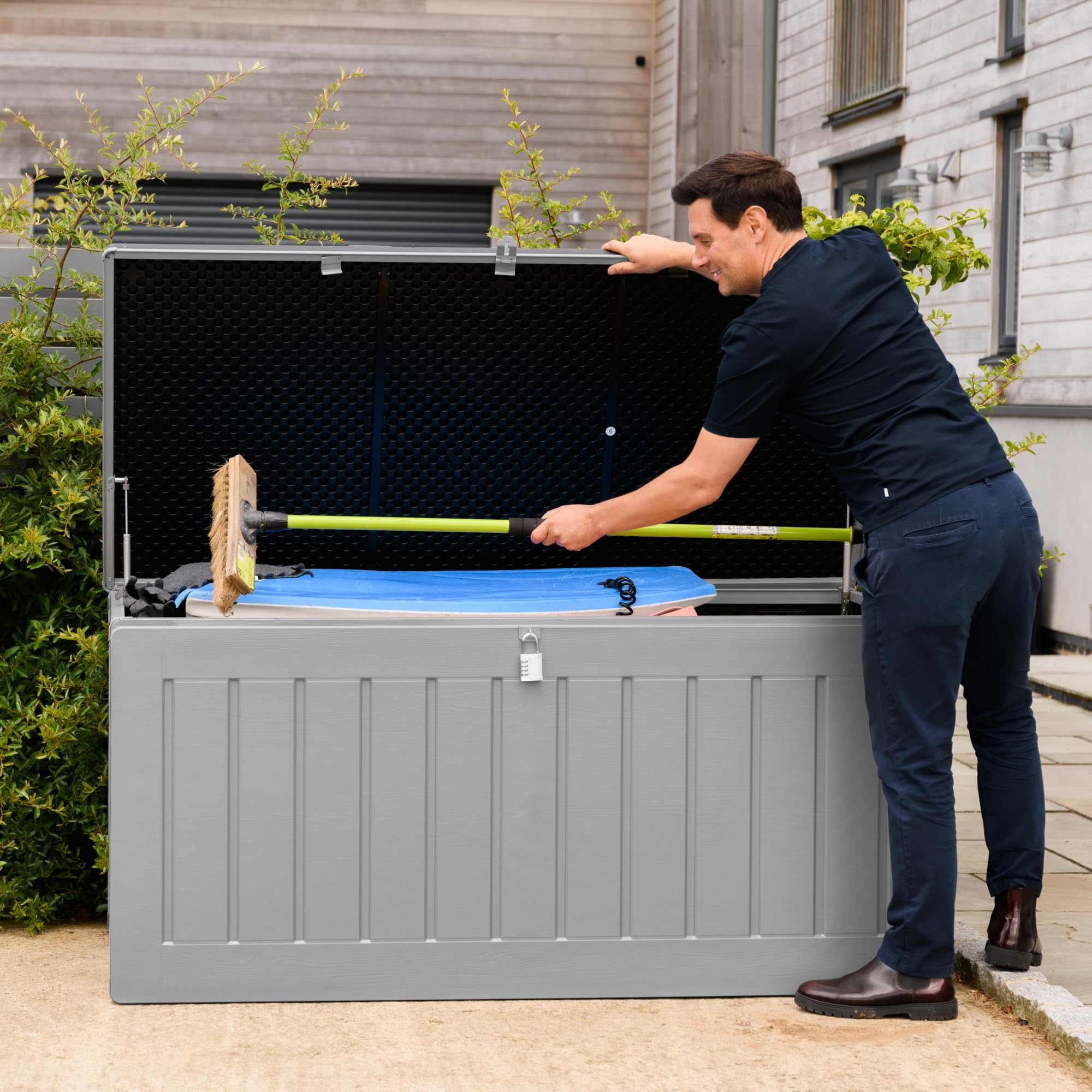 Olsen & Smith 680L Large Garden Storage Box - Weather Resistant Heavy Duty Garden Box with Padlock & Wood Effect - Huge Capacity Outdoor Storage Chest for Tools, Cushions, Toys & More (Anthracite)