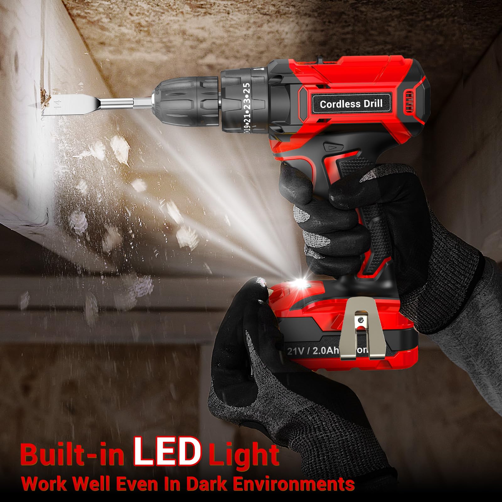 LEEIKOO Cordless Drill, 21V Electric Drill 42N.m with 2.0Ah Battery, Combi Set 10mm Chuck, 2 Speeds, 18+1 Torque, LED Light, 20pcs Drill Set for Garden DIY Project, Grey