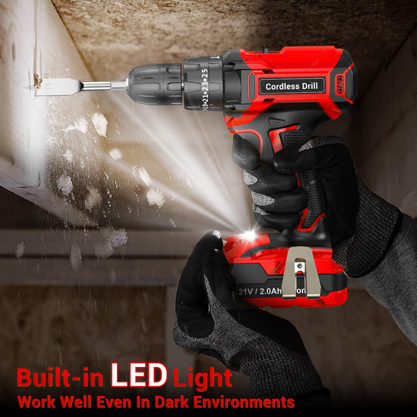 LEEIKOO Cordless Drill, 21V Electric Drill 42N.m with 2.0Ah Battery, Combi Set 10mm Chuck, 2 Speeds, 18+1 Torque, LED Light, 20pcs Drill Set for Garden DIY Project, Grey