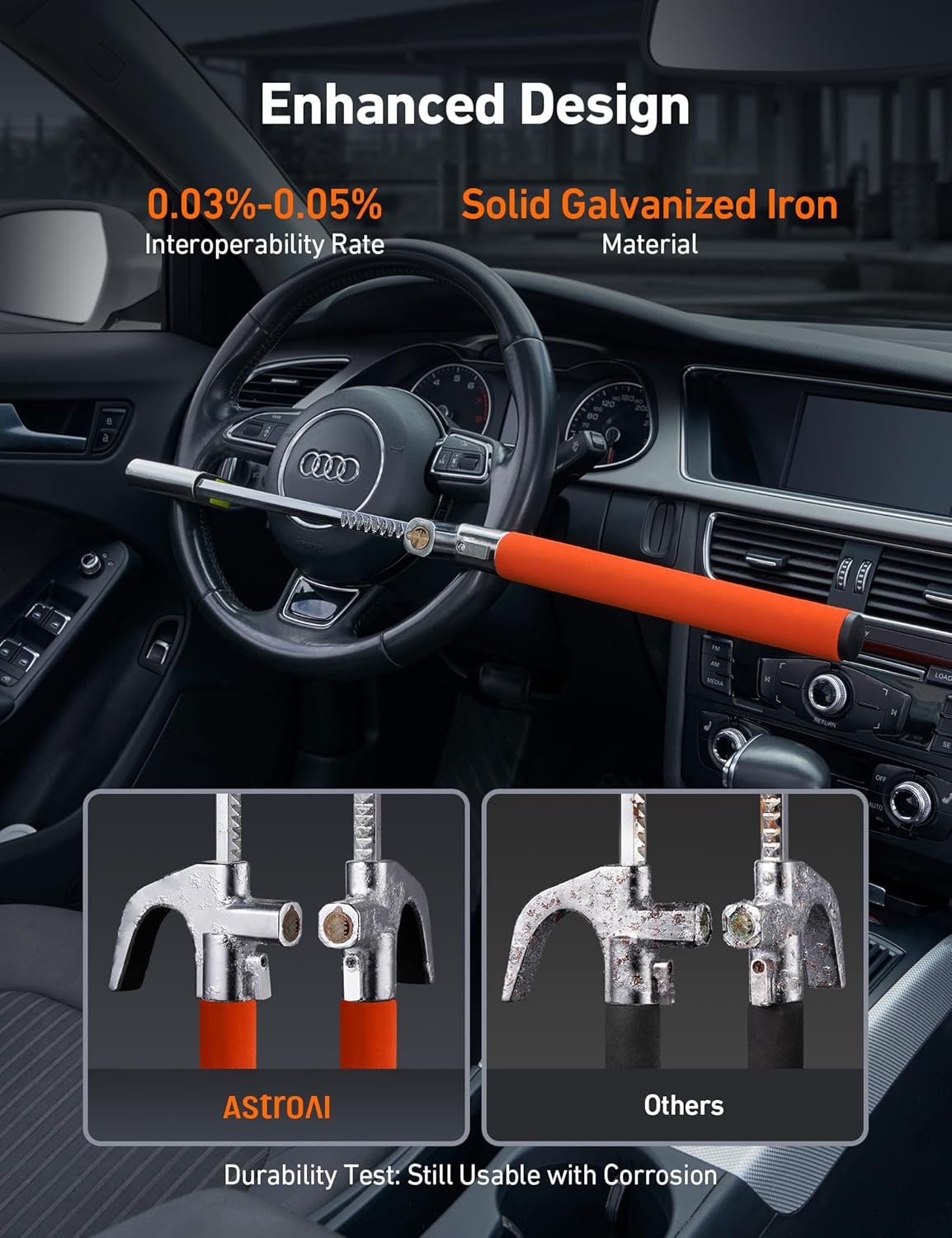 AstroAI Steering Wheel Lock Car Steering Lock Heavy Duty Car Lock Anti-Theft Device with 3 Keys Adjustable Crook Locks for Cars/SUV/Truck with Self Defense Car Accessories