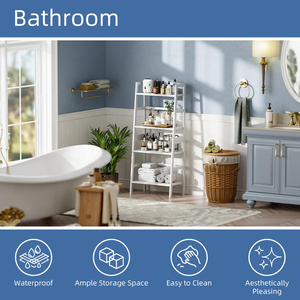 HITNET White Ladder Bookshelf, Leaning Bookcase, 4-Tier Bamboo Shelf, Floor Standing Storage Shelving Unit, Open Display Book Shelves