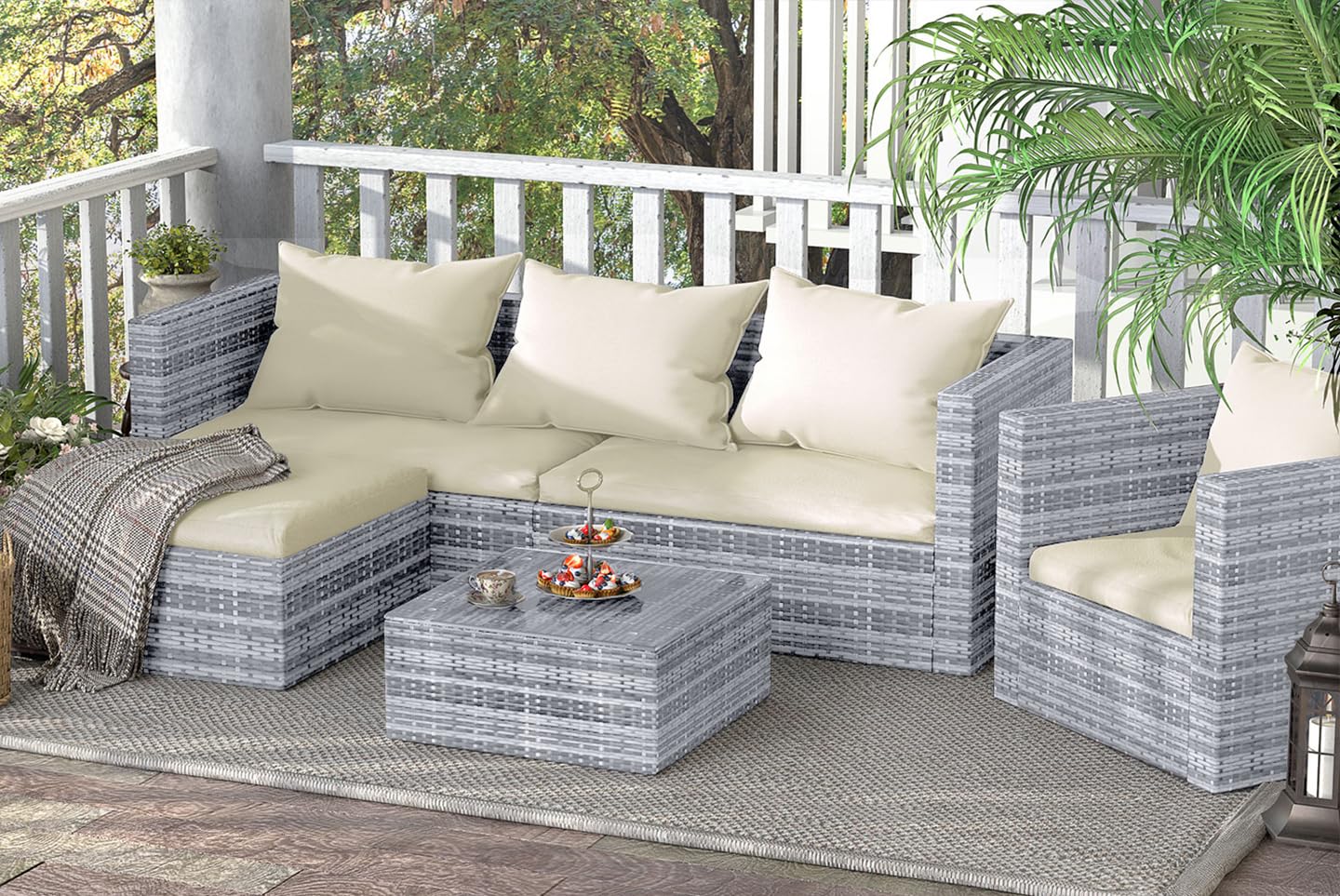 bigzzia Rattan Garden Furniture Set, 4 piece Patio Rattan furniture sofa Weaving Wicker includes 2 Armchairs,1 Double seat Sofa and 1 table (Black)