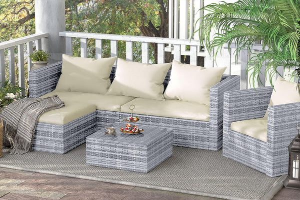 bigzzia Rattan Garden Furniture Set, 4 piece Patio Rattan furniture sofa Weaving Wicker includes 2 Armchairs,1 Double seat Sofa and 1 table (Black)
