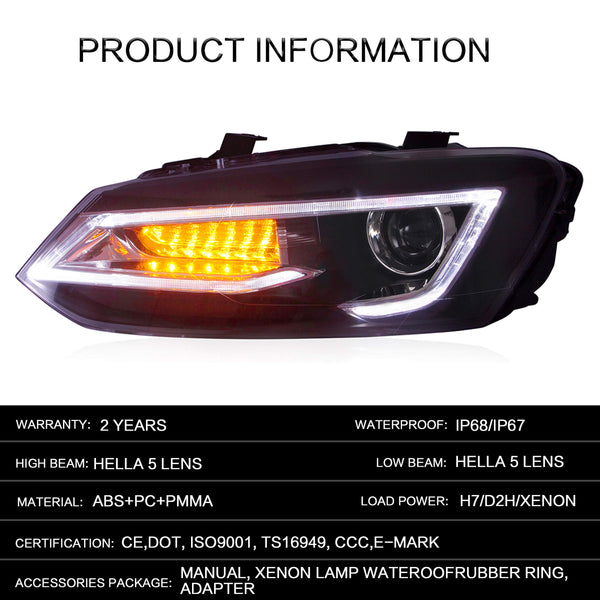 VLAND LED Tail Light Compatible with Polo 5 6R 6C TSI 2009-2017(Not for 1.2 TSI/saloon/GTI), Rear Lights with Streamer Indicator, E-mark, RHD, Smoked