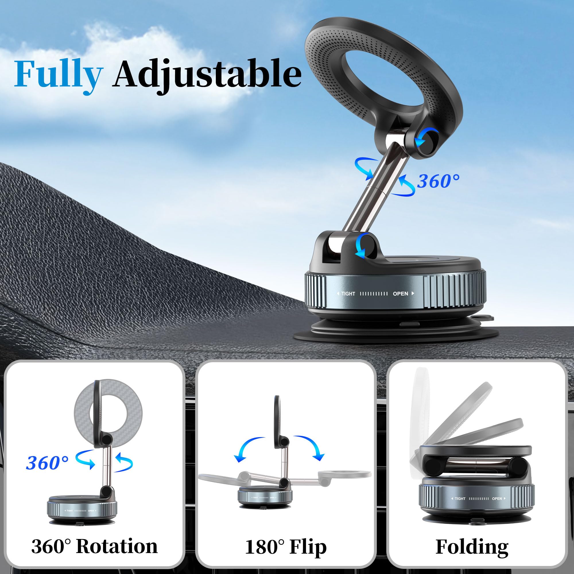 PlusAcc Vacuum Magnetic Phone Holder for Car - Suction Phone Mount 360°Rotatable Foldable Portable Strong Magnet Stand for iPhone16/15/14/13 & Samsung on Mirror,Smooth Surface, Windscreens