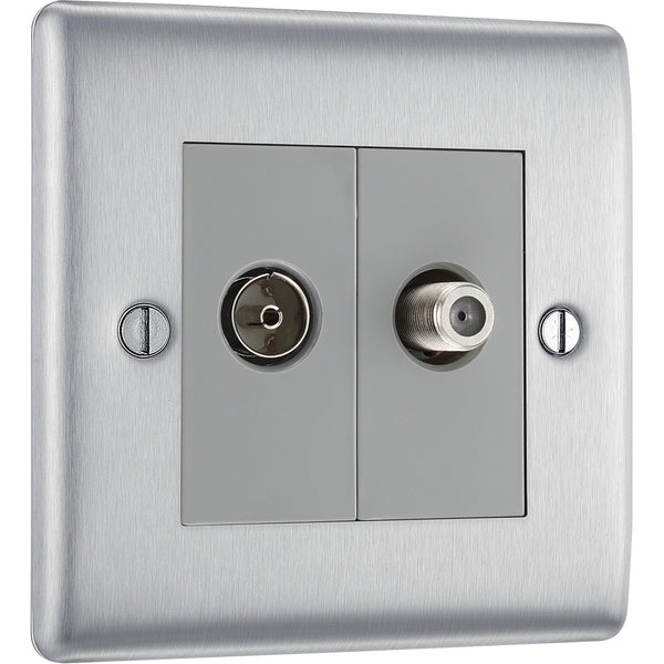 BG Electrical Cooker Switch with Socket and LED, Cooker Control Unit, Control Socket, Double Pole, Raised Profile, Round Edges, Nexus Metal, Brushed Steel, Grey Inserts, 45A, NBS70G