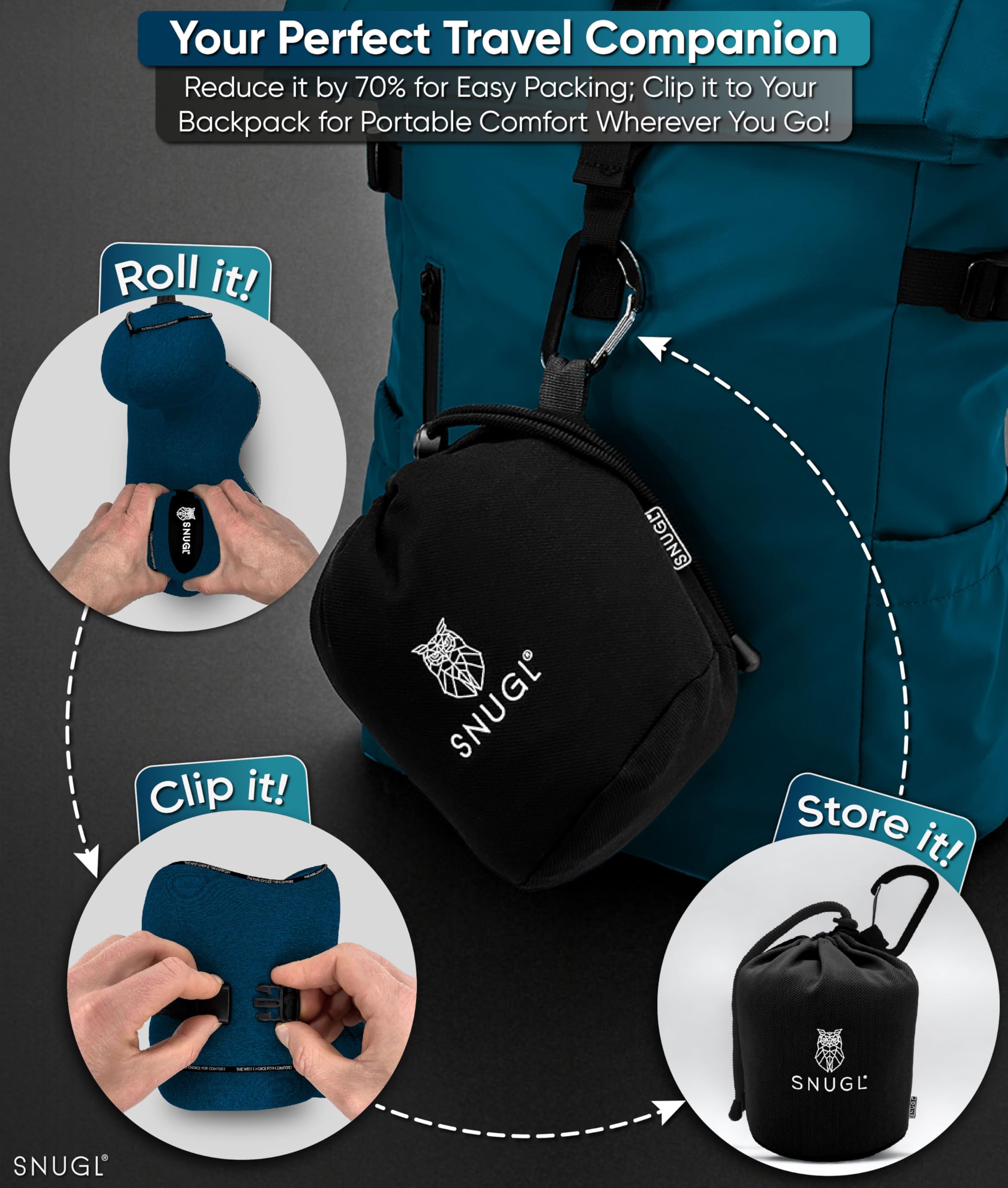 SNUGL Travel Pillow – Memory Foam Neck Pillow for Travel – Support Cushion for Airplane with Carry Bag & Clip - Holiday Essentials (Black - Adult Regular)