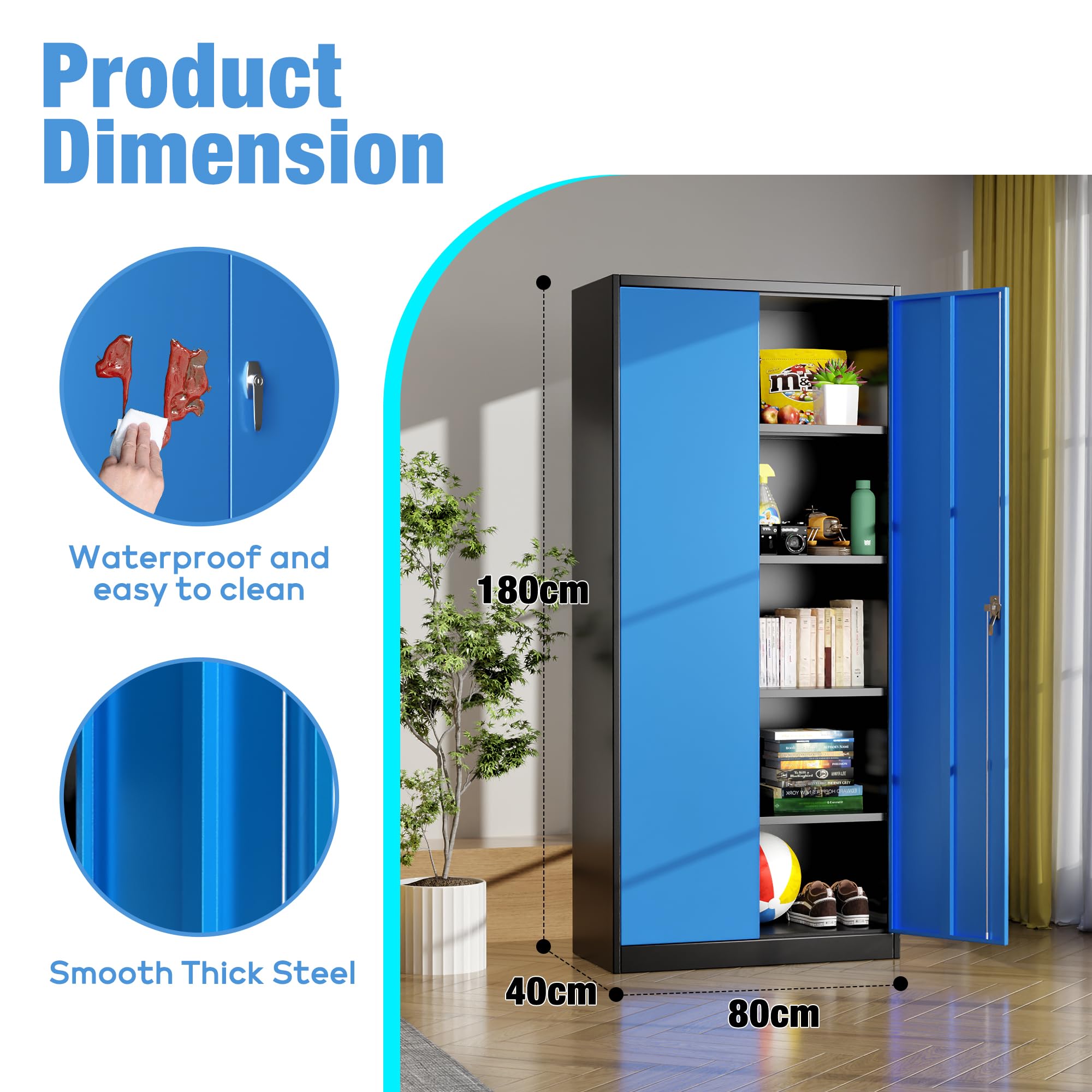 Metal Storage Cabinet with 2 Door and 3 Adjustable Shelves,140X80x40CM Steel Cabinet for Warehouse,Garage,Home,Office,Easy Assemble Required(Black/White)