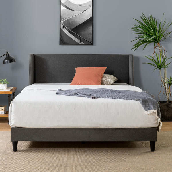 Zinus Evelyn Double Bed frame - Bed 135x190 cm - 25cm Height - Upholstered Bed frame with Wide Wingback Headboard - Dark Grey