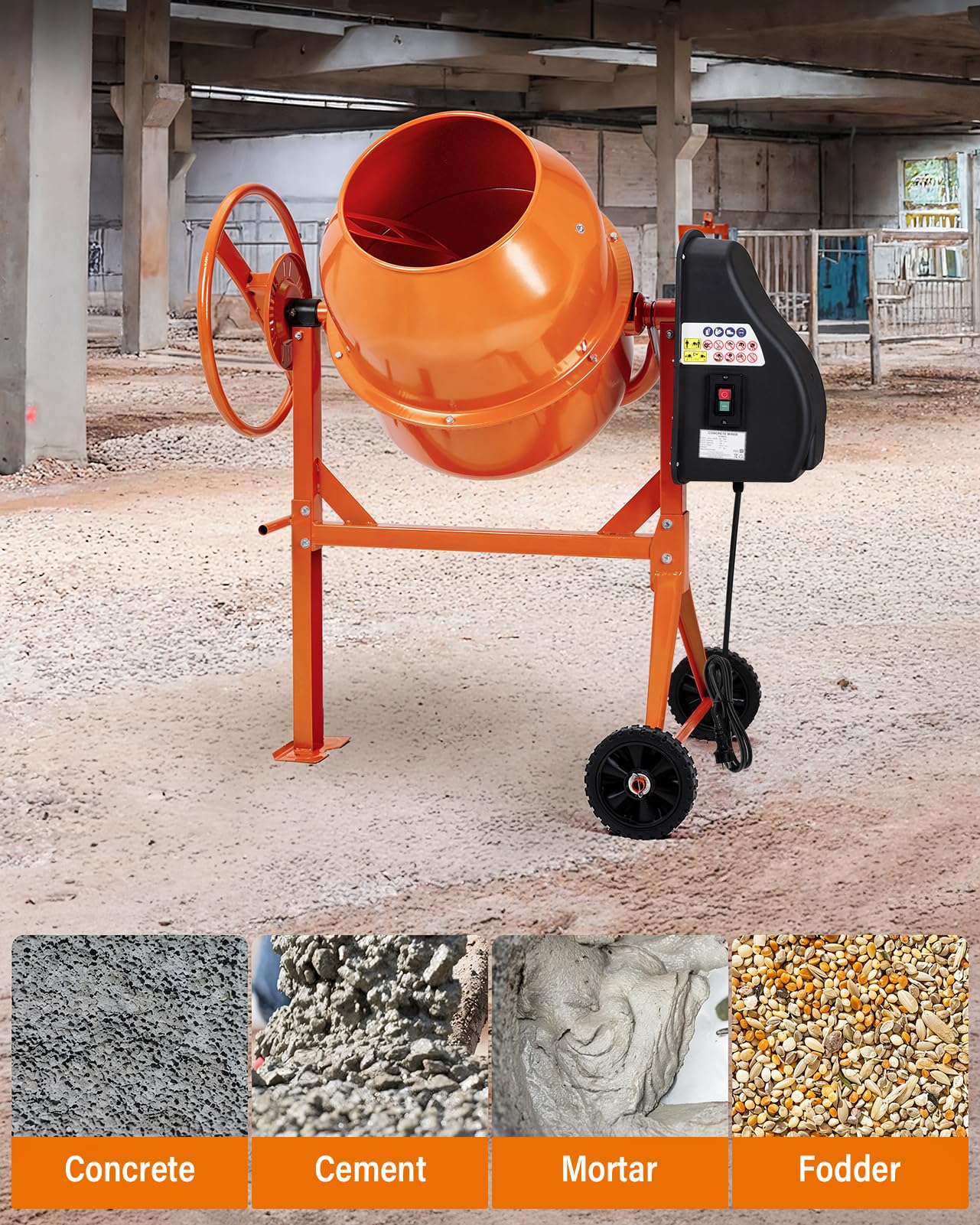 DKIEI 63L Electric Cement Mixer, 220W Concrete Mixer with Wheels and Stand, Portable Mud Mixer Machine for Cement, Stucco, Seeds and Fodder, 230V, 50Hz, 30RPM, Orange
