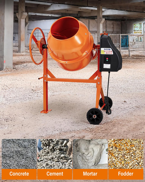 DKIEI 63L Electric Cement Mixer, 220W Concrete Mixer with Wheels and Stand, Portable Mud Mixer Machine for Cement, Stucco, Seeds and Fodder, 230V, 50Hz, 30RPM, Orange