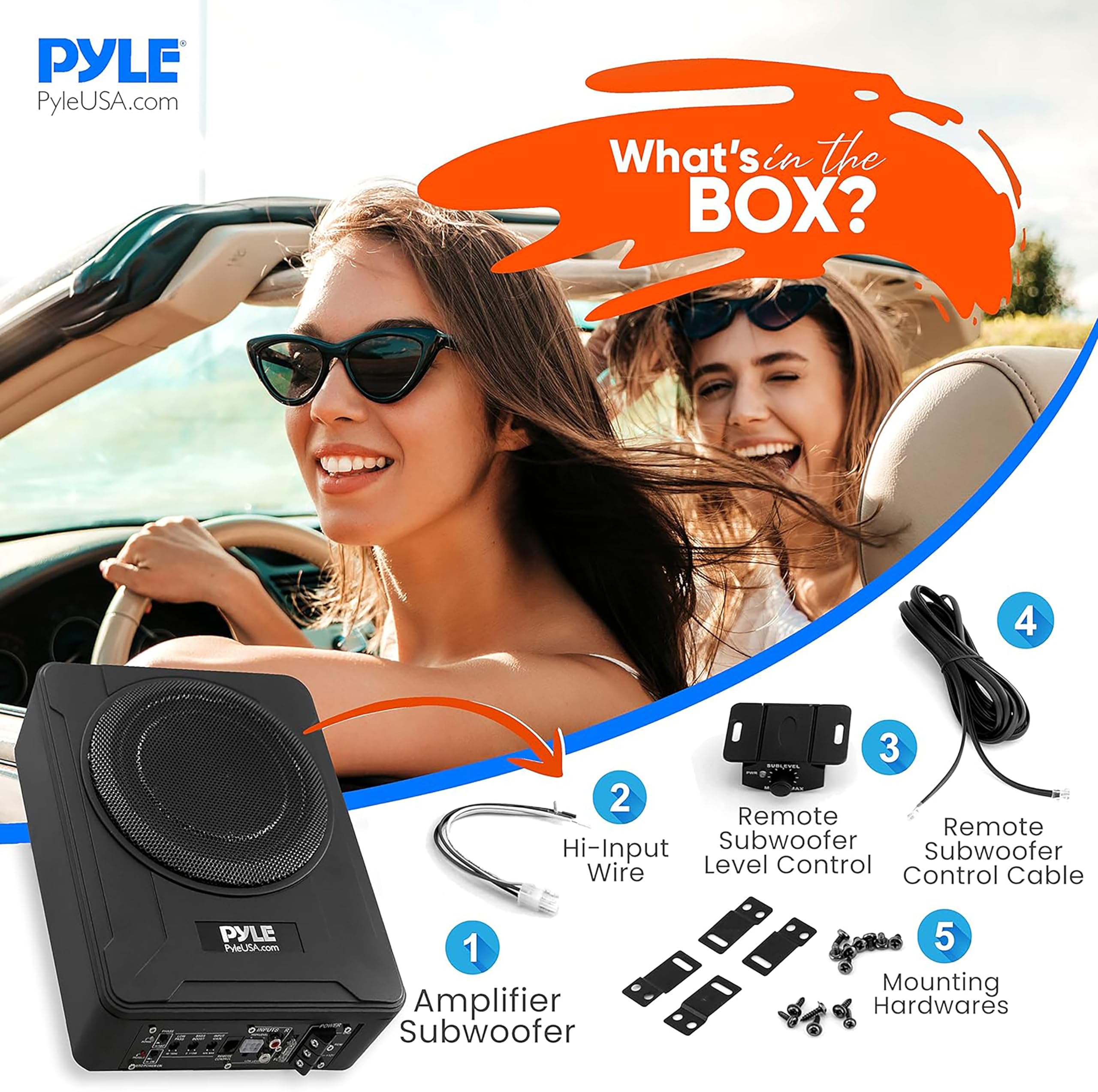 Pyle 8-Inch Low-Profile Amplified Subwoofer System - 600 Watt Compact Enclosed Active Marine Underseat Car Subwoofer with Built in Amp, Powered Car Subwoofer w/Low & High Level Inputs