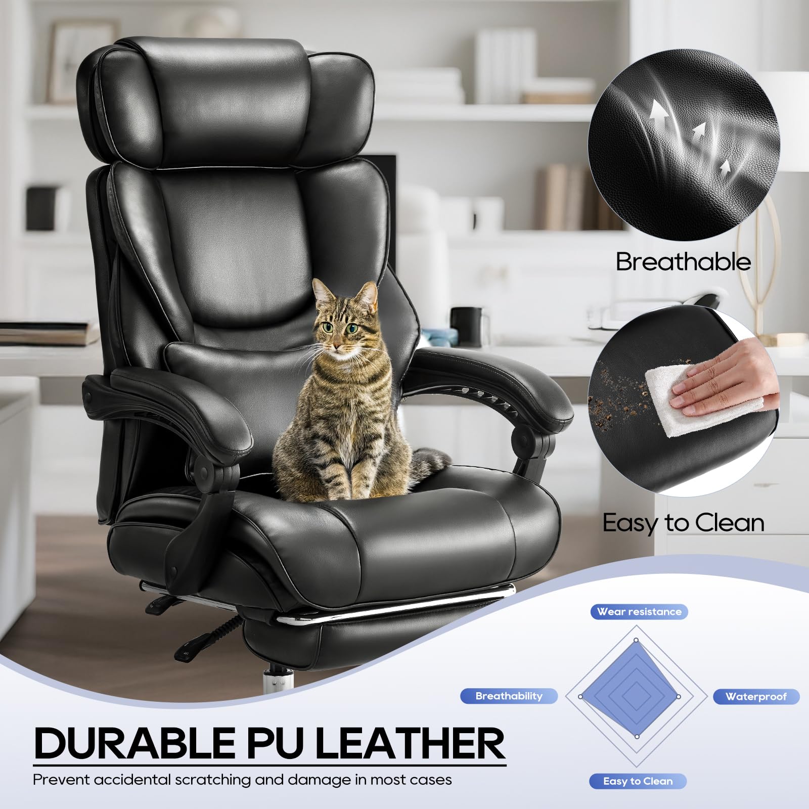 COLAMY Executive Office Chair with Footrest - Ergonomic High Back Design, Thick Bonded Leather Computer Chair with Removable Lumbar Pillow, Recliner Desk chair for Home Office Work Comfort (Black)