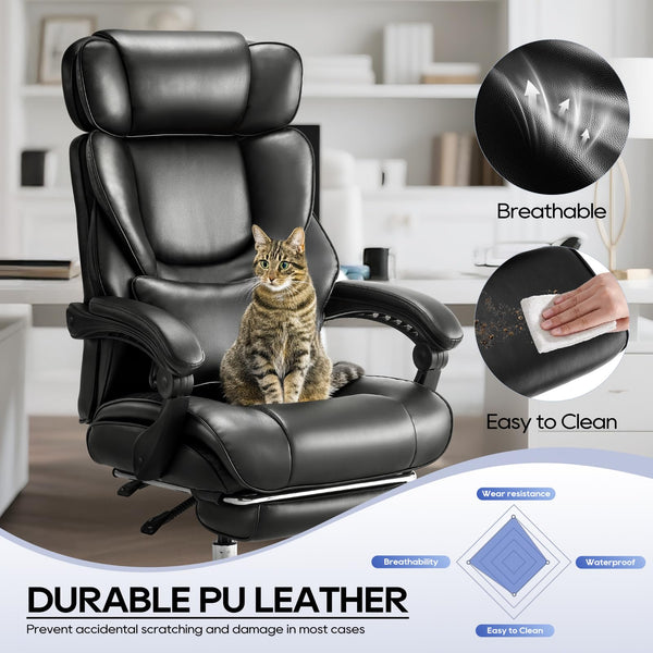 COLAMY Executive Office Chair with Footrest - Ergonomic High Back Design, Thick Bonded Leather Computer Chair with Removable Lumbar Pillow, Recliner Desk chair for Home Office Work Comfort (Black)