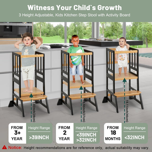 COSYLAND Height Adjustable Kids Kitchen Step Stool with Anti-tip Support Corners - Kids Standing Tower for Kitchen Counter, Bathroom, Nursery (Black)