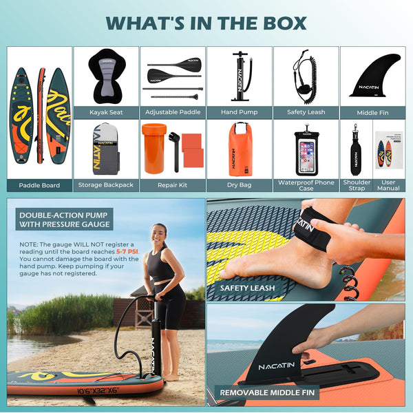 10'6" Inflatable Stand Up Paddle Board with Kayak Conversion Kit, Complete SUP Set Paddle Boards for Adults, with Single/Double Paddle, Kayak Seat, Backpack and More Accessories