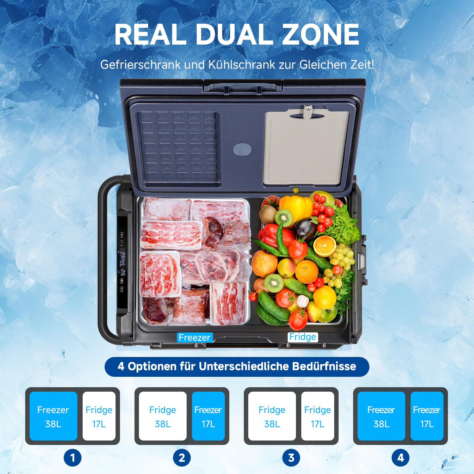 AAOBOSI Compressor Camping Fridge 95L, Car Fridge Dual Zone with 12/24V DC and 100-240V AC, -20°C to 20°C Portable Freezer for Car, Campervan, Lorry, Truck, Boat