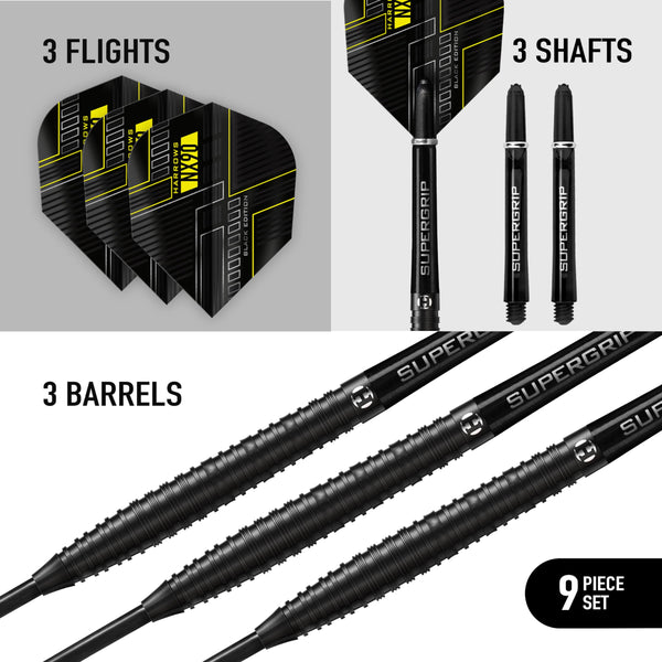 Harrows NX90 BLACK EDITION 90% Tungsten Steel Tip Darts Set 21g, 22g, 23g, 24g, 25g & 26g - Includes Black Supergrip Midi Shafts & Micron NX90