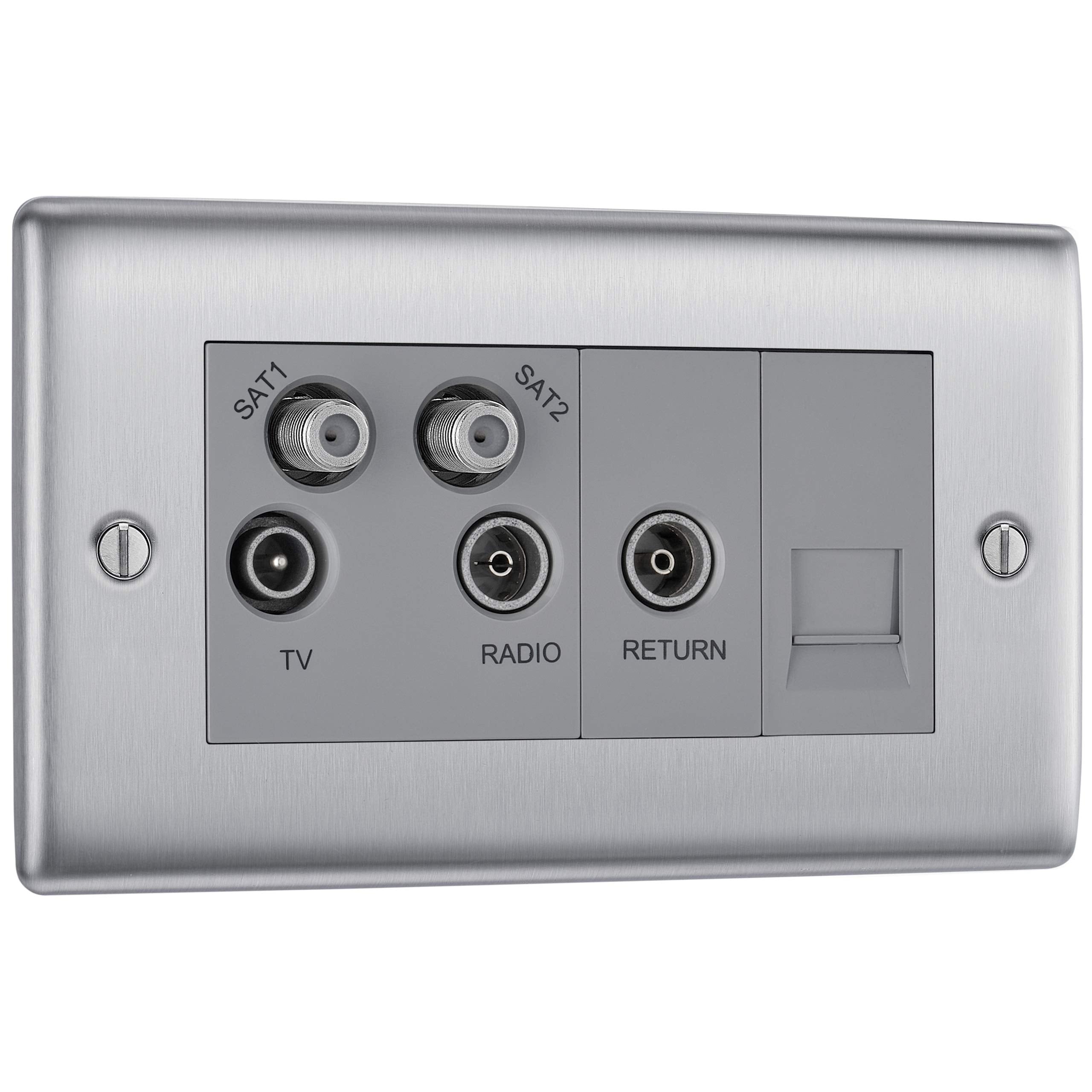 BG Electrical Cooker Switch with Socket and LED, Cooker Control Unit, Control Socket, Double Pole, Raised Profile, Round Edges, Nexus Metal, Brushed Steel, Grey Inserts, 45A, NBS70G