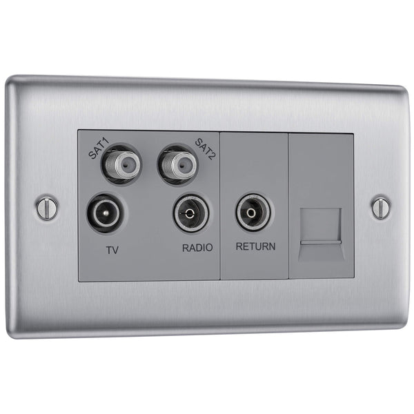 BG Electrical Cooker Switch with Socket and LED, Cooker Control Unit, Control Socket, Double Pole, Raised Profile, Round Edges, Nexus Metal, Brushed Steel, Grey Inserts, 45A, NBS70G