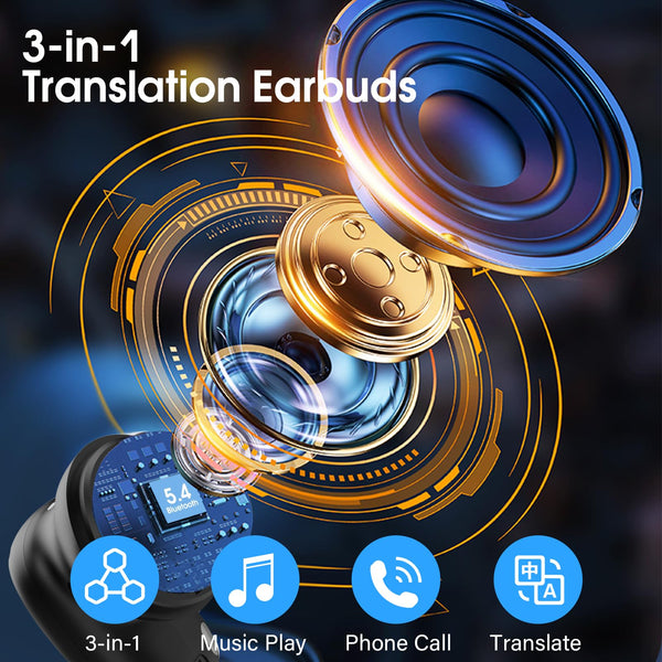 AI Language Translation Earbuds, 3-in-1 Bluetooth 5.4 Translator Headphones with 164 Real Time Languages, 40H Ear Buds with Mic and AI APP, 7 Translation Modes Ideal for Business Learning, Black