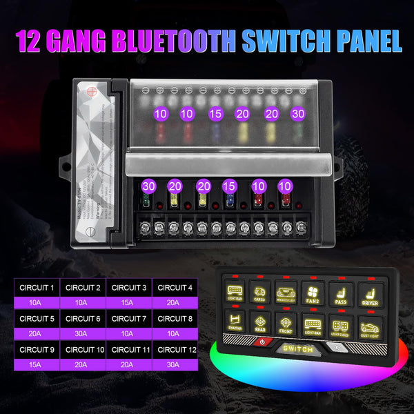 Chelhead RGB 6 Gang Switch Panel with APP Control, Universal Circuit Control Relay System, Multi-Function Bluetooth Remote Switch Panel, Compatible with Truck Boat SUV RV Trailer Marine ATV UTV