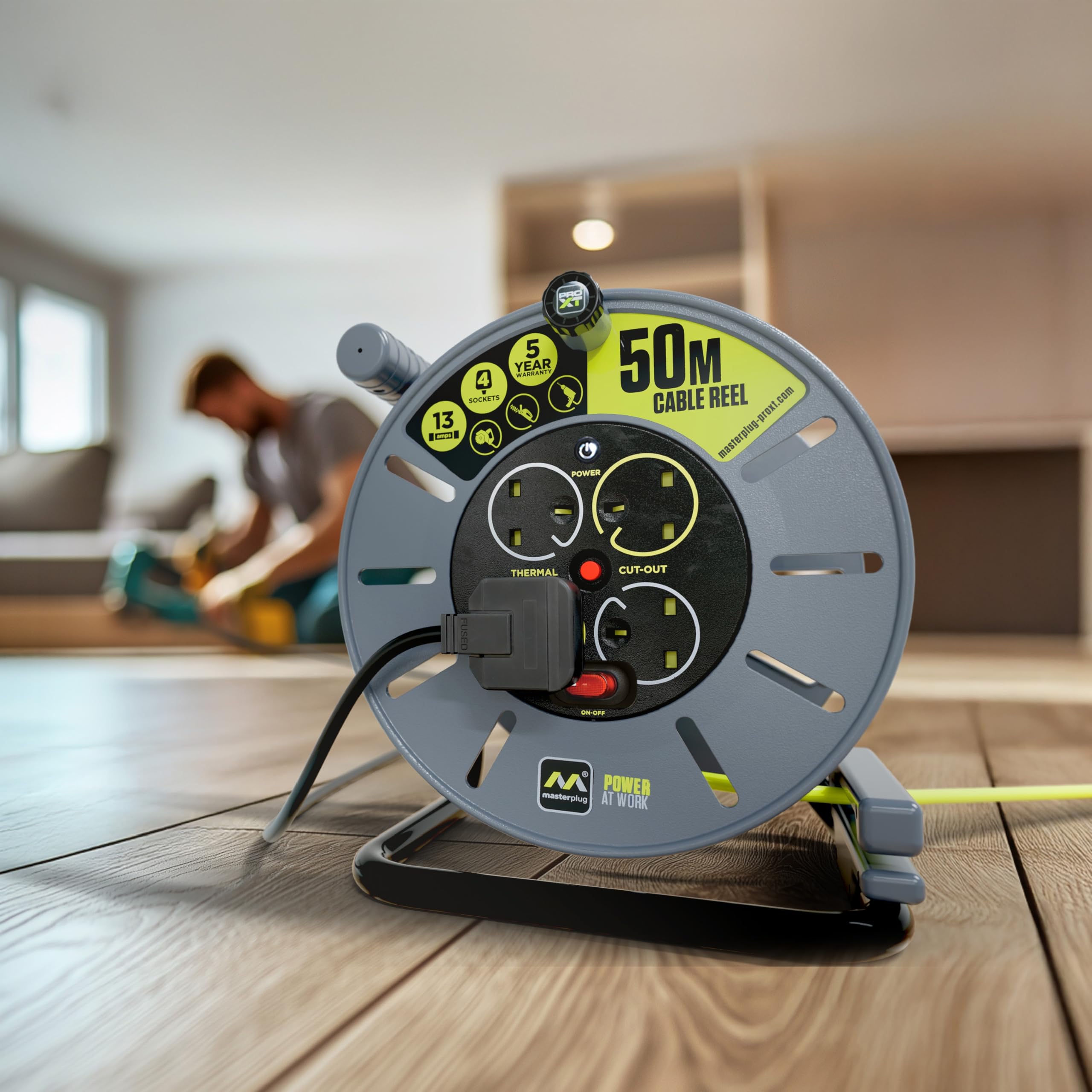 Masterplug Pro-XT Four Socket Open Cable Reel Extension Lead with Winding Handle, Thermal Cut Out and Power Switch, 25 Metres High Visibility Cable , Green