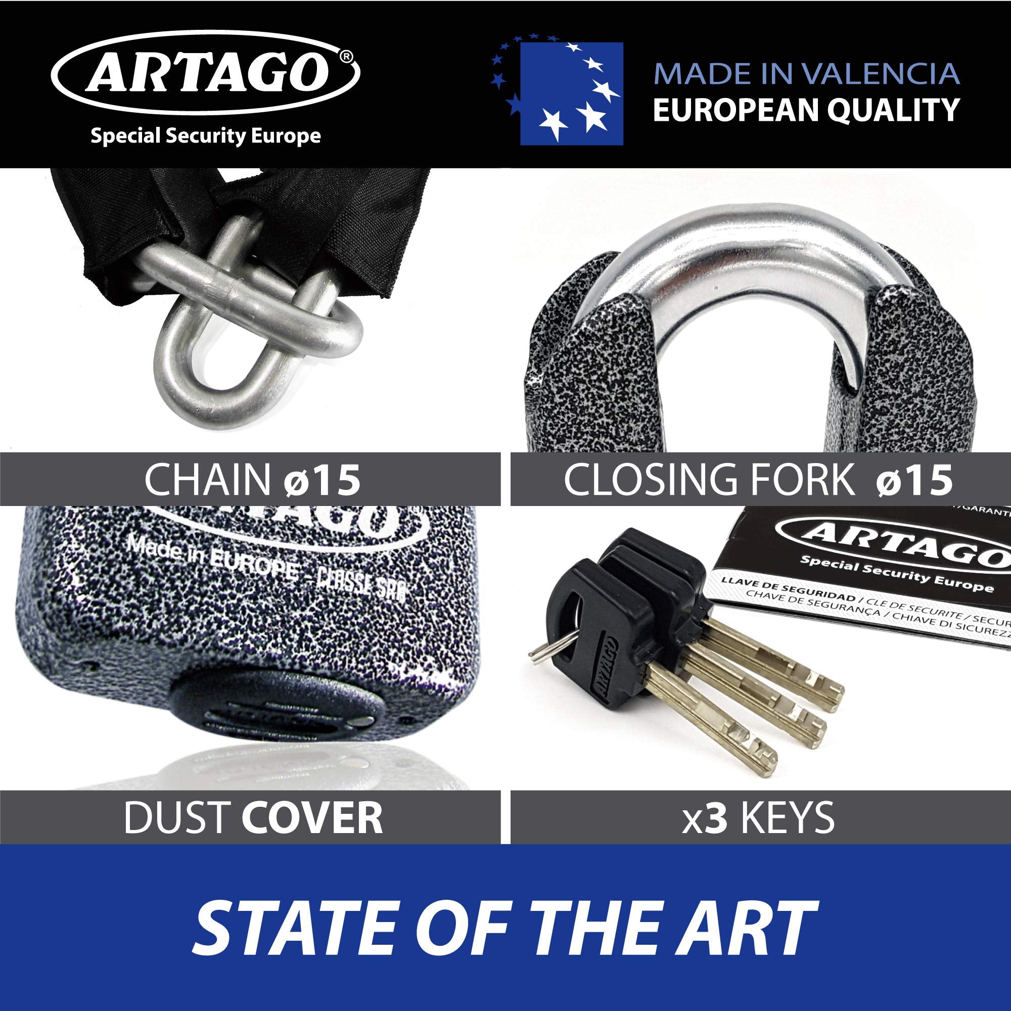 Artago 69T150 Maximum Anti-Theft Chain Lock Double Function Sold Secure Gold and SRA Approved, ø15 150cm, Neutral, 150 cm