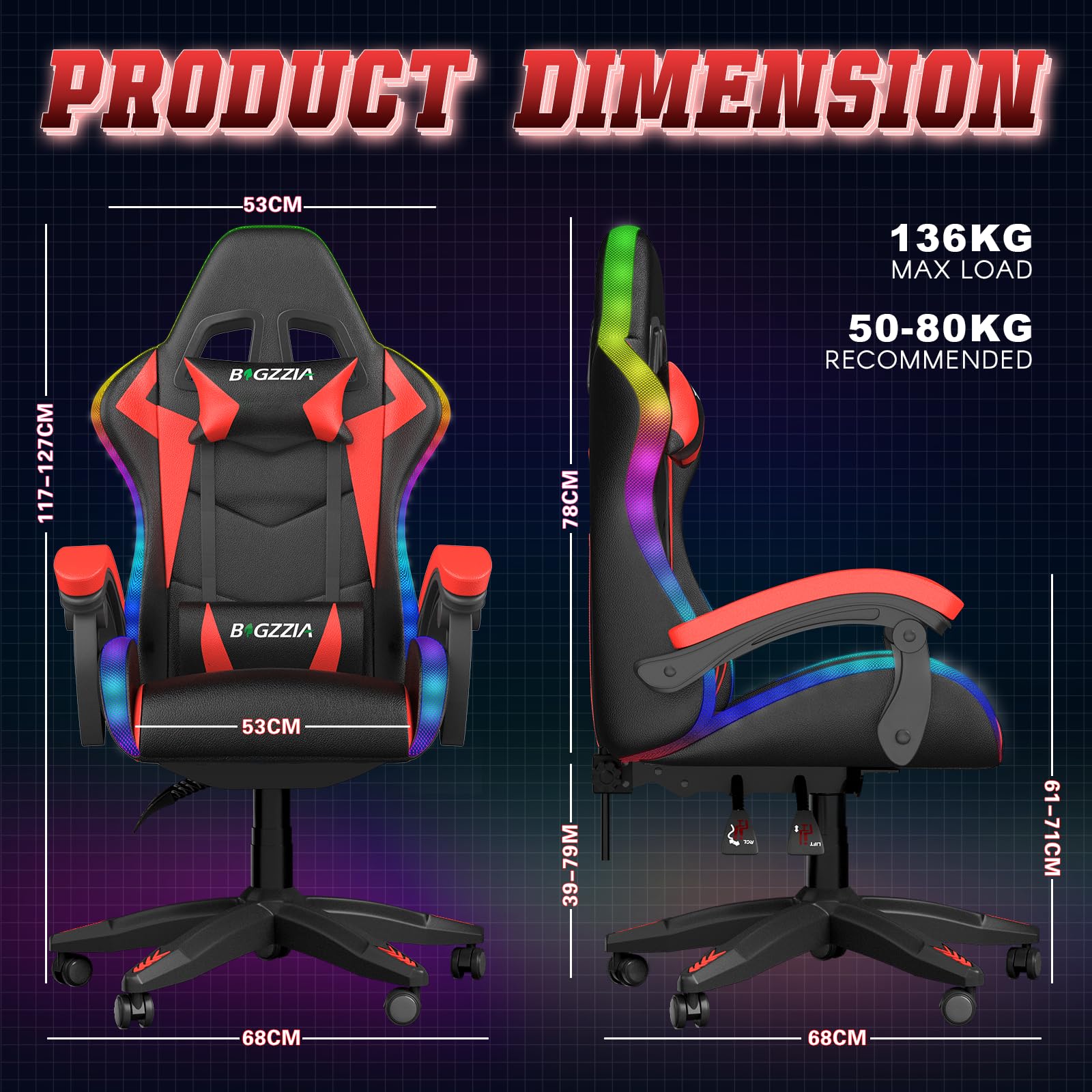 bigzzia RGB Gaming Chair with LED Lights and Ergonomic Computer Chair Reclining PU Leather High Back Video Game Chair with Headrest Adjustable Lumbar Support Linkage Armrest for Adults (Black/Grey)