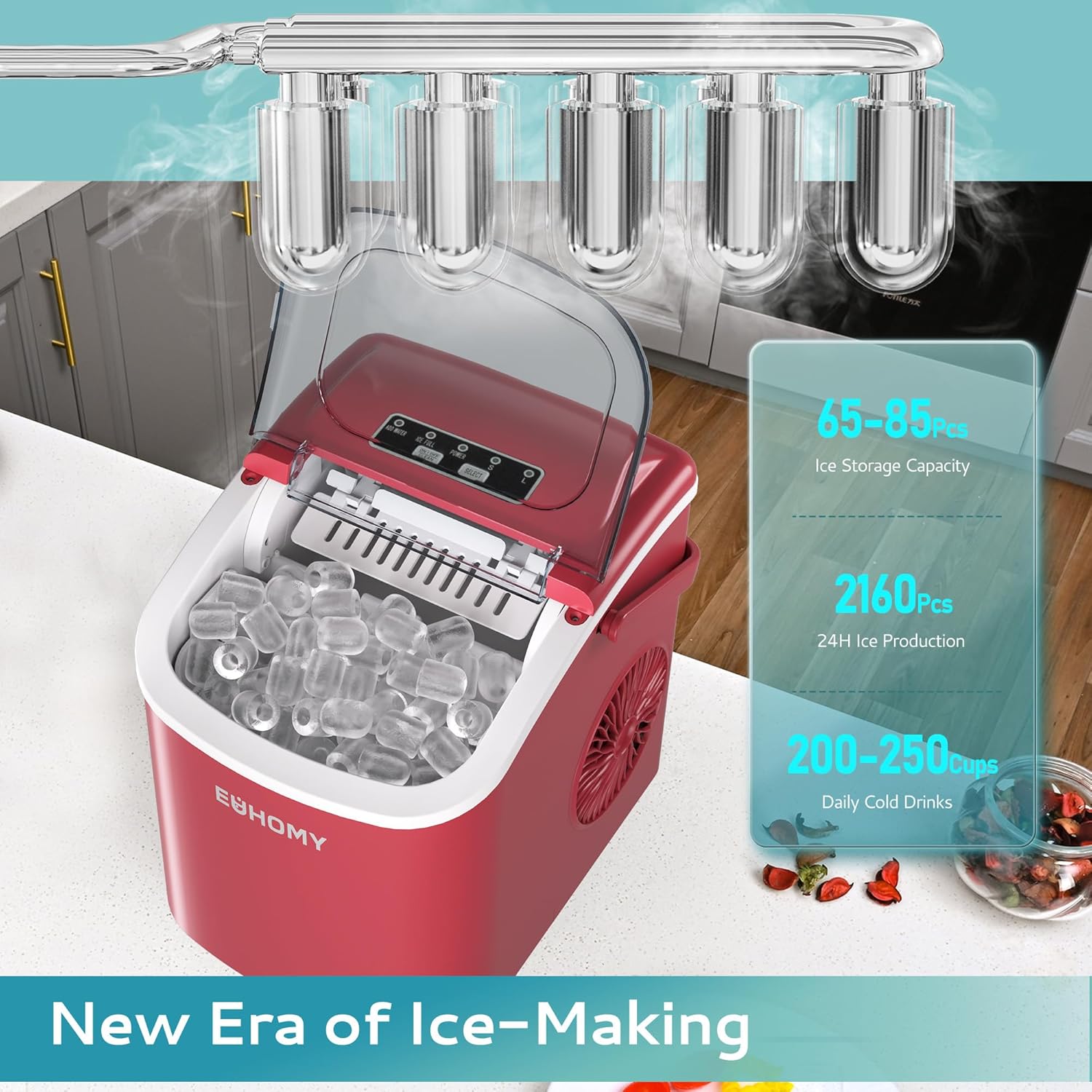Ice Maker Machine Countertop Ice Cube Maker with Portable Handle, 9 Ice Cubes in 6 Mins, Self-Cleaning Compact Ice Maker 12 kg in 24 Hrs, with Ice Scoop and Basket for Home/Kitchen/Office/Bar