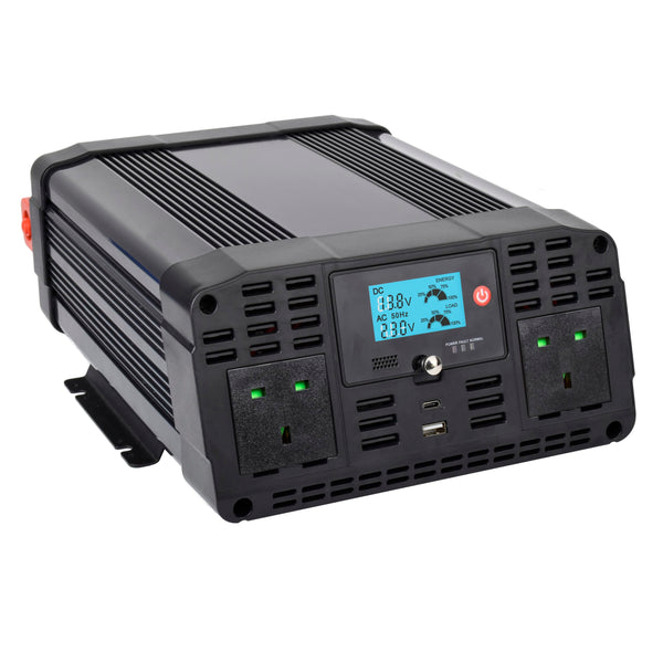 Technaxx Off-Grid Pure Sine Wave Car Power Inverter TE22 – 2000W/4000W Peak – 12V to 230V Converter with LCD, 2x UK Plugs, USB-A QC 3.0 & USB-C – TÜV Certified – Ideal for Camping & Travel