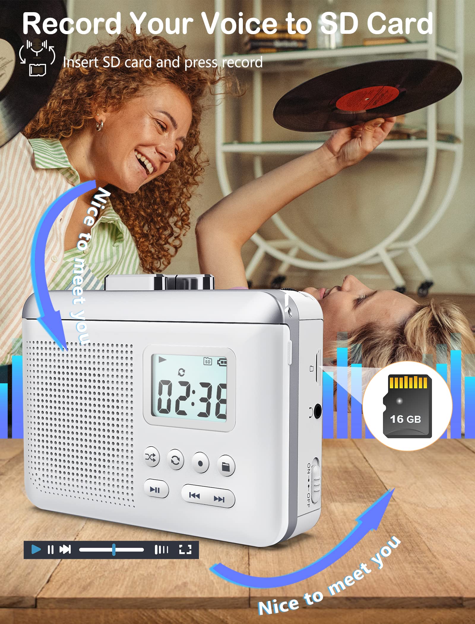 Gracioso Portable Cassette Player Recorder Converter,Cassette to MP3 via SD Card,Walkman Cassette Tape Player with 1000mah Rechargeable Battery,Built-in Microphone&Speaker,Headphone Jack,16GB SD Card