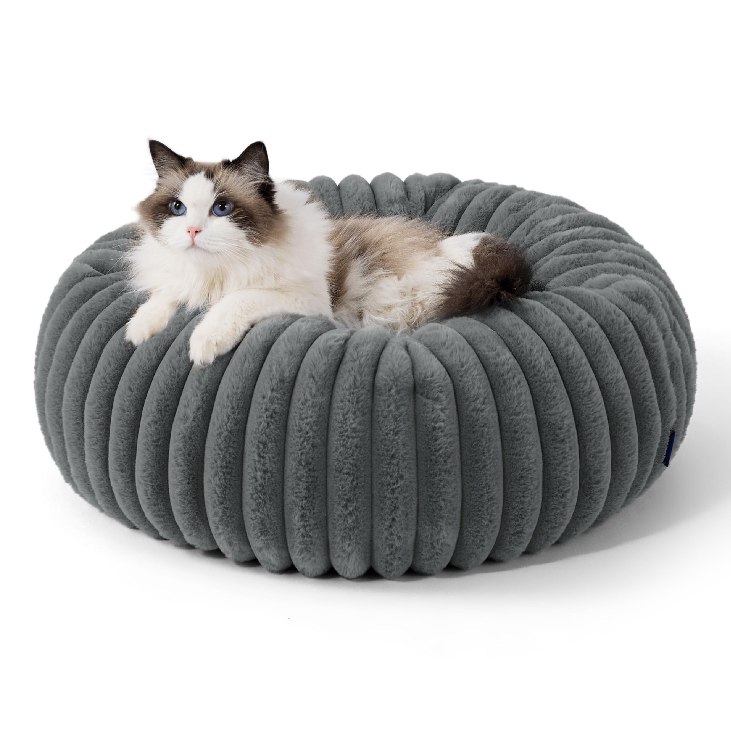 Bedsure Cat Bed for Indoor Cats - 51x51x15 cm Fluffy Cat Donut Bed with Corduroy Fleece & Anti Slip Bottom, Puppy Kitten Beds Washable with Removable Cover, Dark Grey