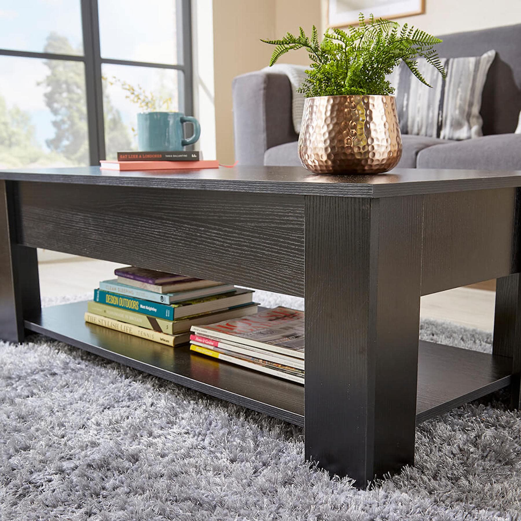 Home Source Coffee Table with Lift Up Top Storage Area and Magazine Shelf, Black