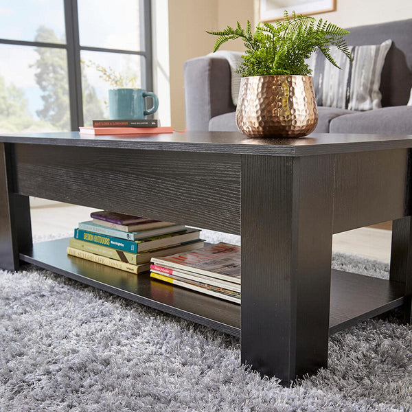 Home Source Coffee Table with Lift Up Top Storage Area and Magazine Shelf, Black
