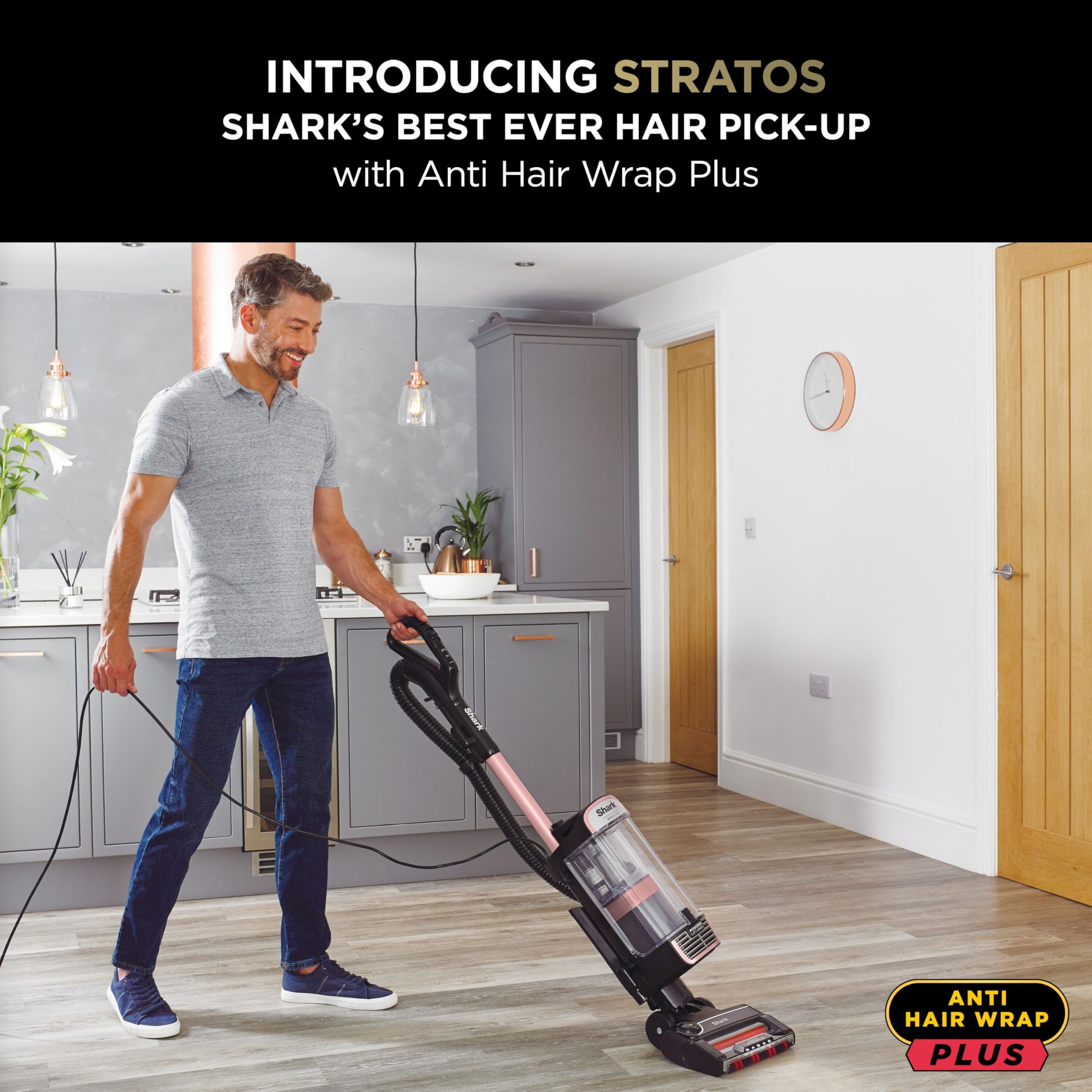 Shark Stratos Corded Upright Vacuum Cleaner 1.3L Pet Pro with Anti Hair Wrap Plus, Anti-Odour, DuoClean, Powered Lift-Away, Anti-Allergen Complete Seal, 3 Attachments, 8m Cord, Rose Gold