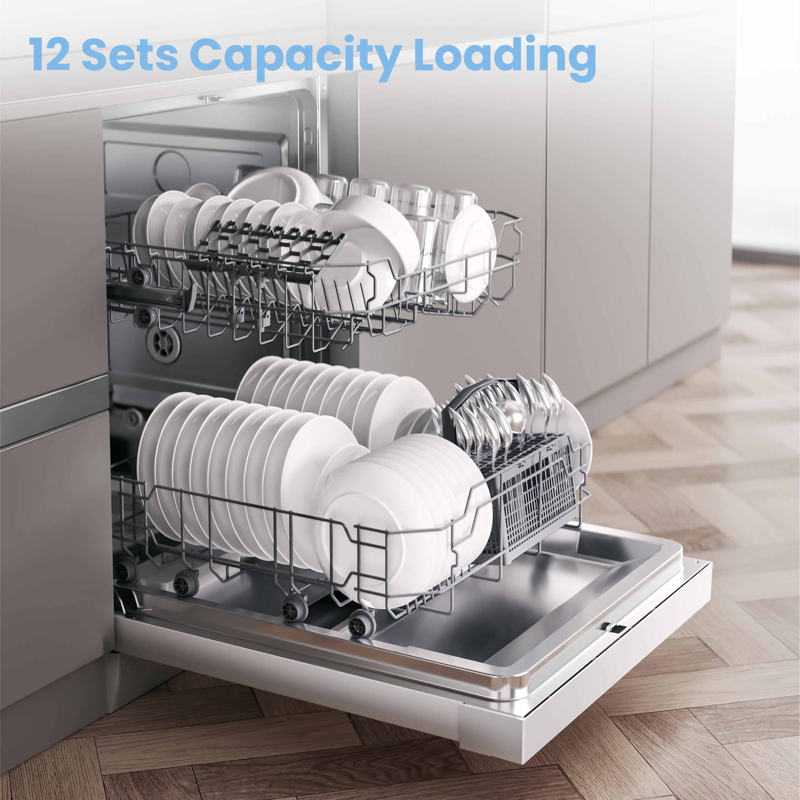 COMFEE' Freestanding Dishwasher FD1435E-X with 14 place settings, Full Size, Whisper Quiet 44dB, Wide LED Display, Delay Start, Half Load Function, Flexible Racks, Stainless Steel