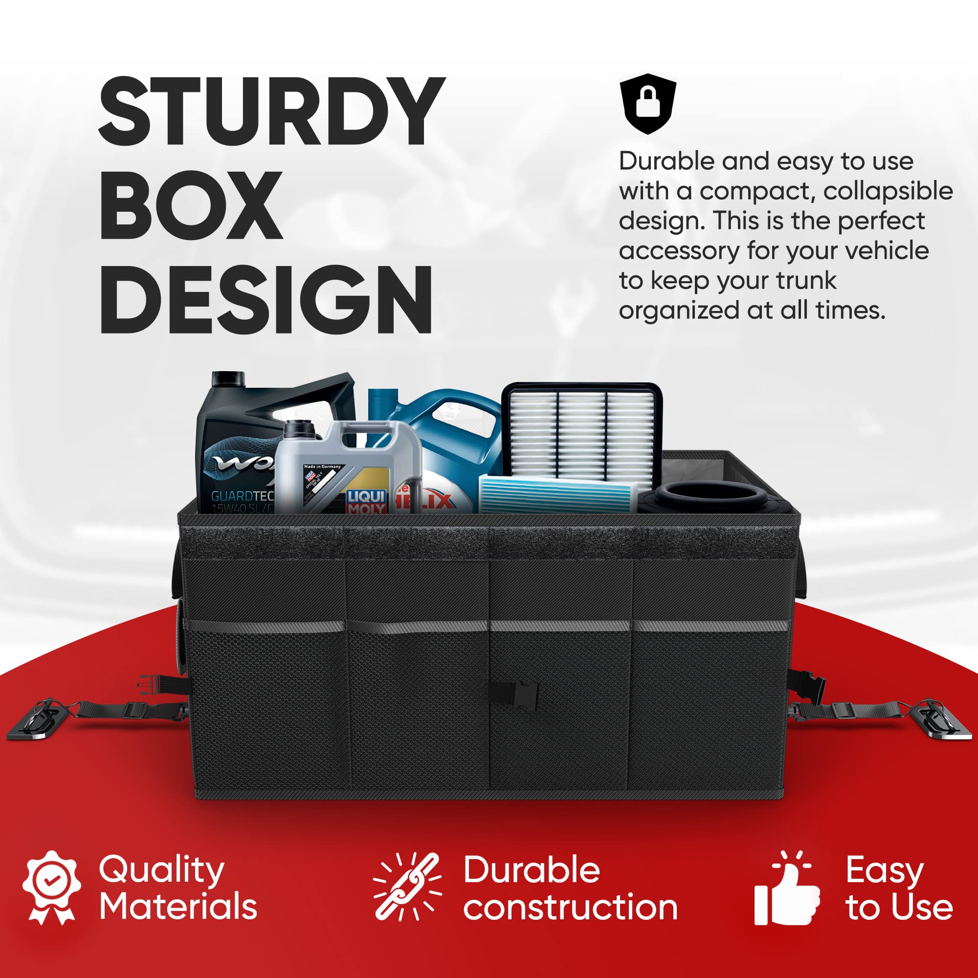 FORTEM Car Boot Organiser, Collapsible Multi Compartment SUV Organizer, Foldable Storage for Car Accessories for Women Men, 600D Oxford, Non Slip Bottom, Securing Straps, Soft Cover (50L)