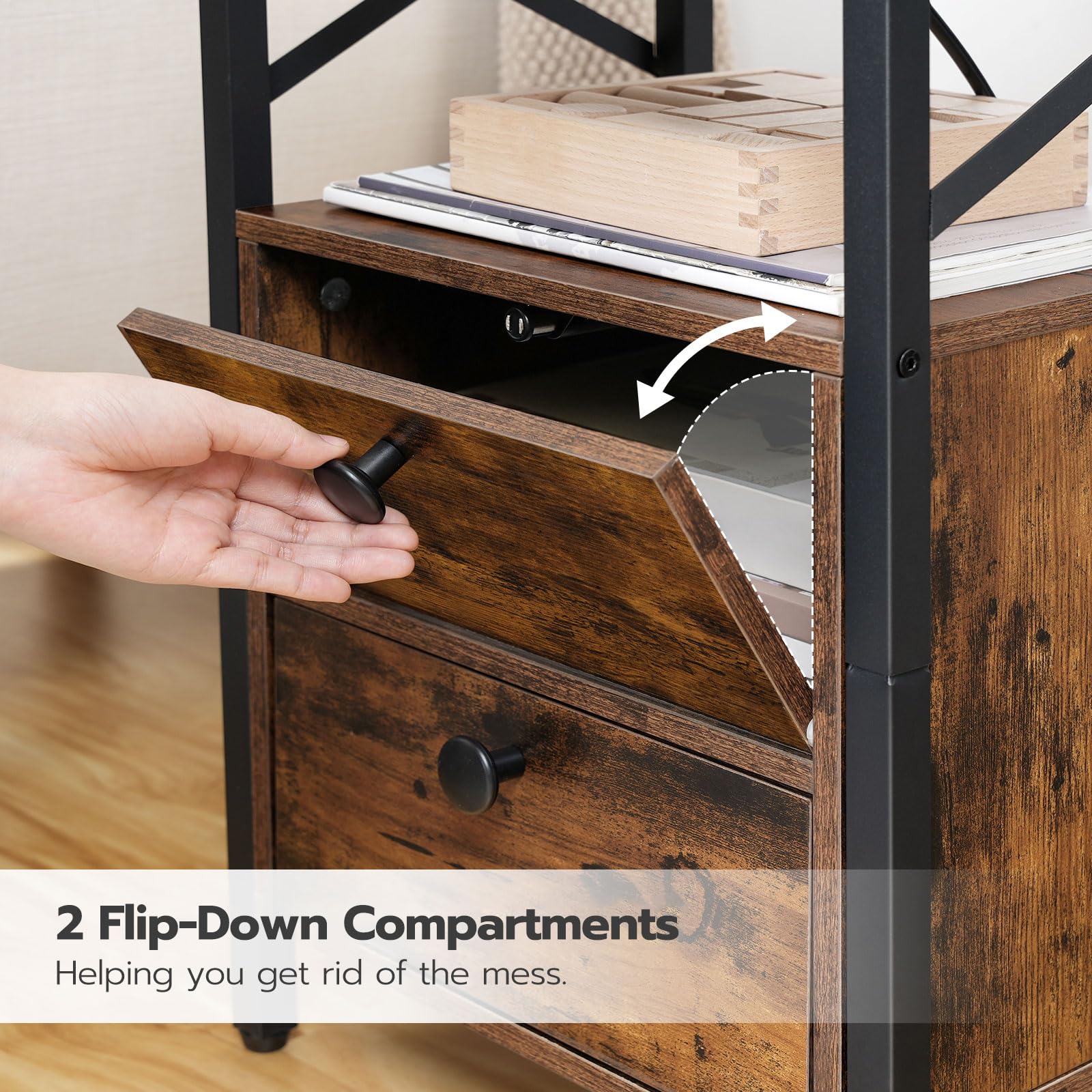 HOOBRO Bedside Table with Charging Station, X-shaped End Table with 2 USB Ports and 2 AC Outlets, Side Table Living Room, Nightstand with 2 Drawers,