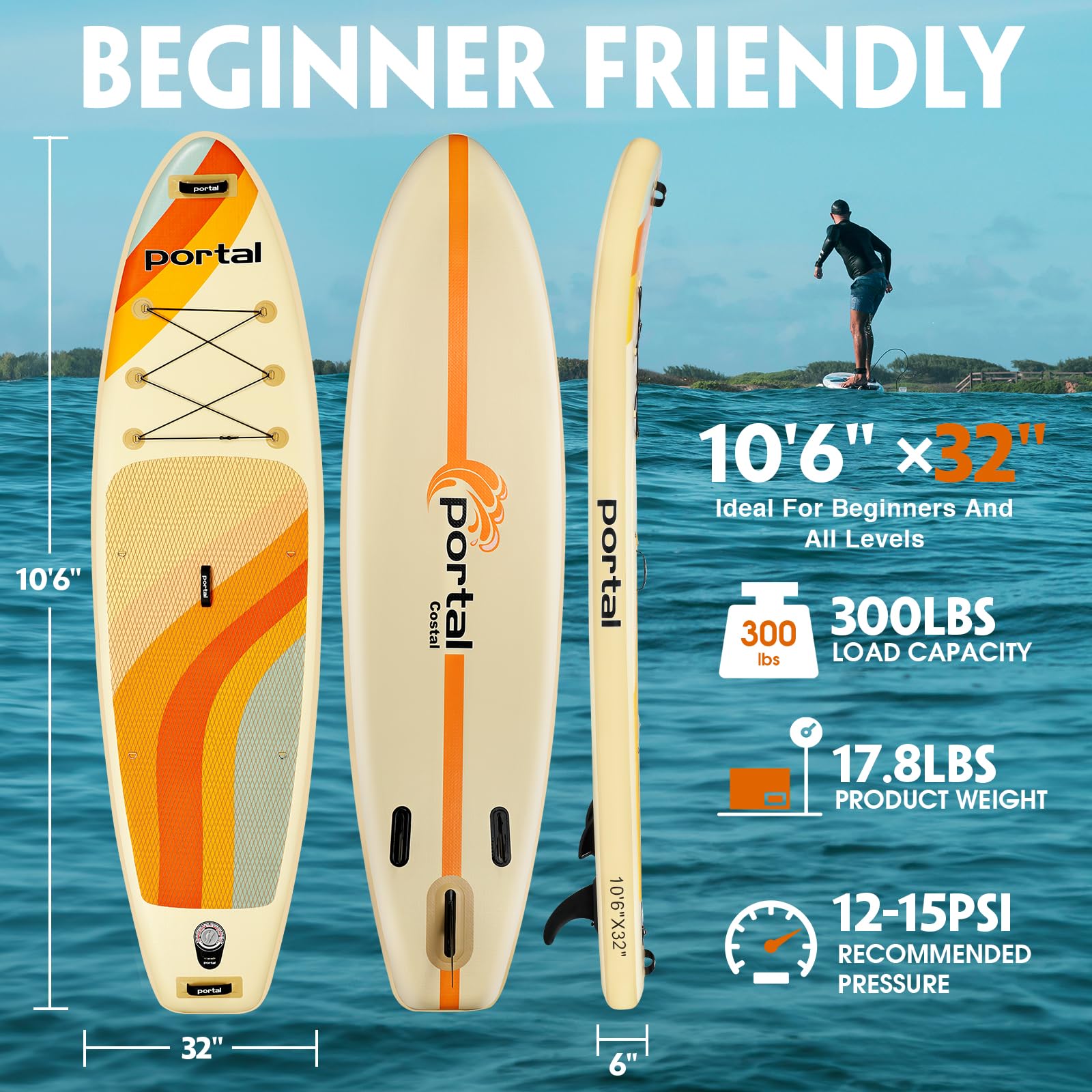 Portal Stand Up Paddle Board, 10'6x33 x6 Inflatable Paddle Boards with SUP Accessories Including Carry Bag, Hand Pump, Paddle, Leash, Fin, Repair Kit, Waterproof Phone Case