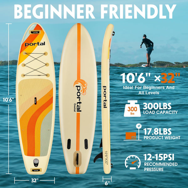 Portal Stand Up Paddle Board, 10'6x33 x6 Inflatable Paddle Boards with SUP Accessories Including Carry Bag, Hand Pump, Paddle, Leash, Fin, Repair Kit, Waterproof Phone Case