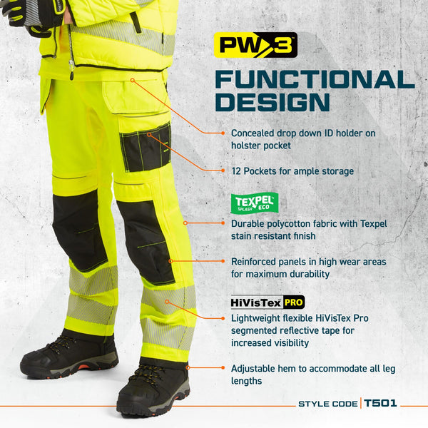 Portwest T501 Mens PW3 Hi Vis Work Trousers - Holster Pocket Workwear Safety Construction Trousers Orange/Black, 34