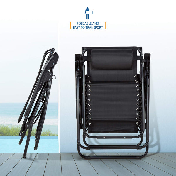 Set of 2 Sun Lounger Garden Chairs With Cup And Phone Holder | Adjustable Headrest Pillow | Deck Folding Recliner Zero Gravity Outdoor Chair - Black