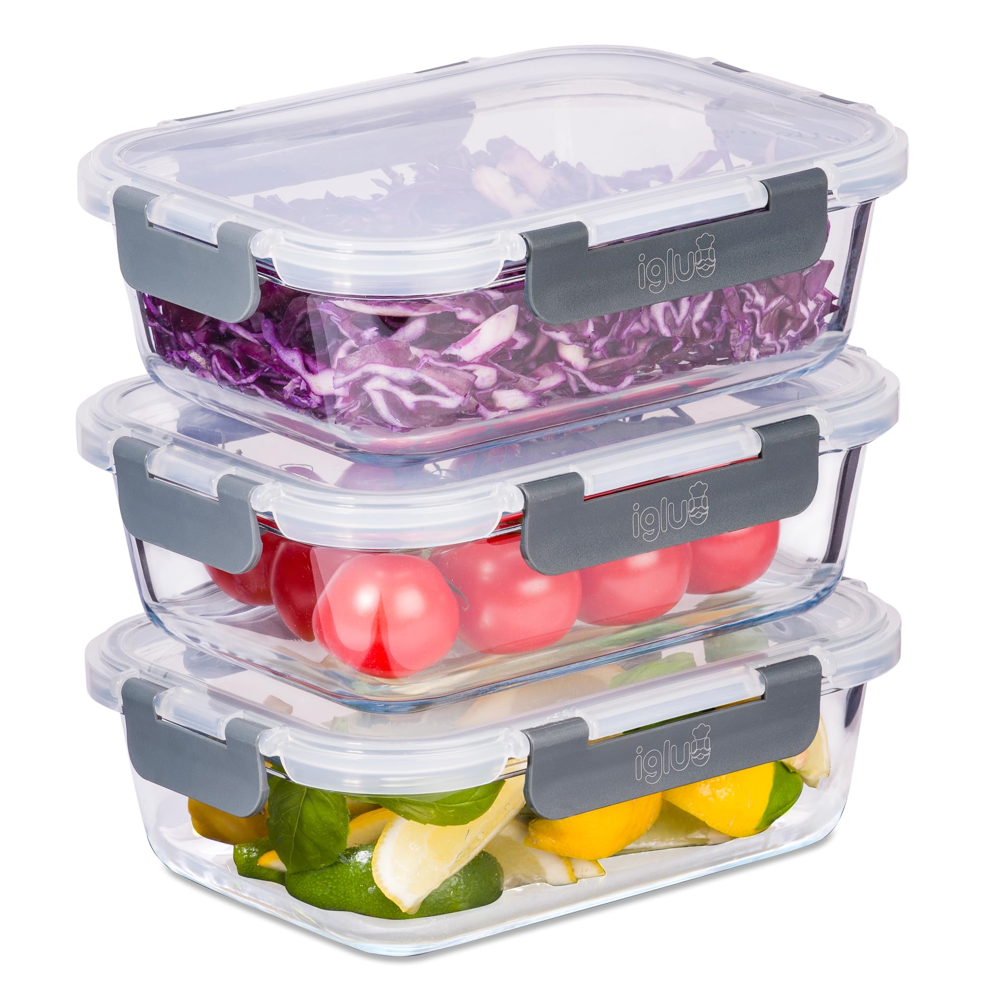 Igluu Meal Prep - Glass Containers with Leak-Proof Snap Lock Lids - Airtight Portion Control Food Storage. BPA-Free, Microwavable, Oven &