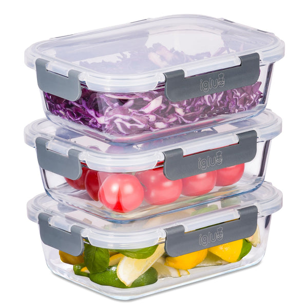 Igluu Meal Prep - Glass Containers with Leak-Proof Snap Lock Lids - Airtight Portion Control Food Storage. BPA-Free, Microwavable, Oven &