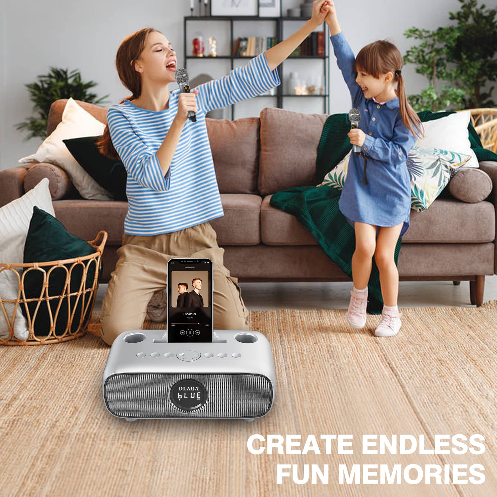 Upgrade Karaoke Machine for Adults and Kids,Portable Bluetooth 2 UHF Wireless Karaoke Microphone with Holder/USB/TF Card/AUX-in,PA Speaker System for Home Party, Picnic,Car,Outdoor/Indoor-Grey