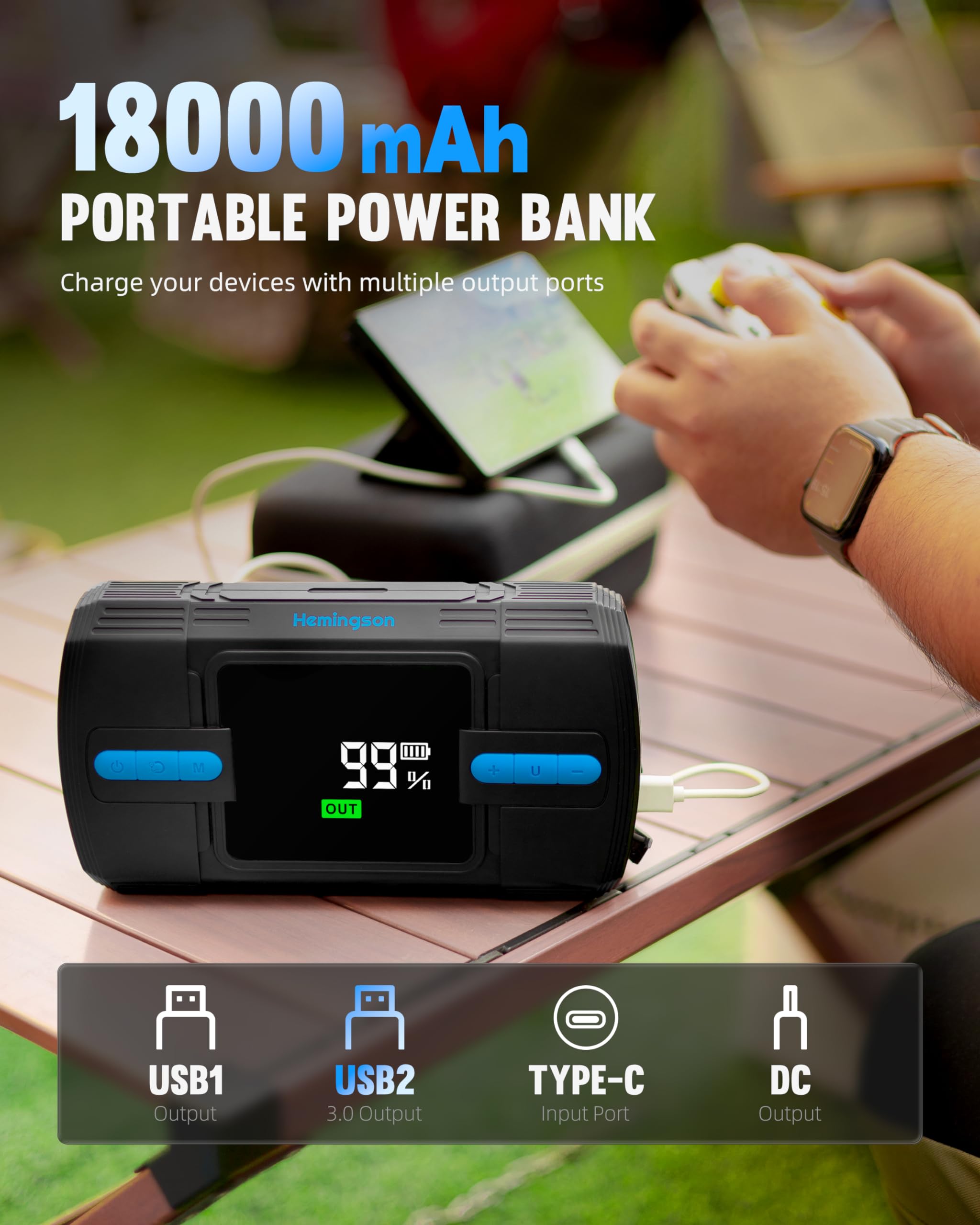 Jump Starter Power Pack with Air Compressor, 3000A Peak 160 PSI12V Car Jump Starter for up to 9.0L Gas/8.0L Diesel, Portable Battery Jump Starter Large LCD Display with LED Lights